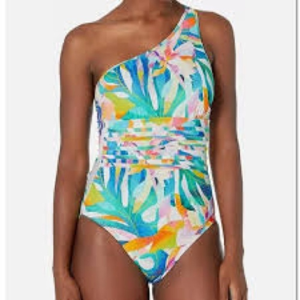 La Blanca Wild Tropic One Shoulder Swimsuit NWT Resortwear Tropical Size 14